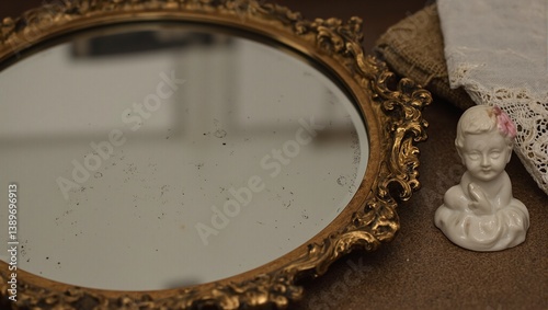 Elegant vintage mirror reflecting soft glow lace handkerchief and porcelain figurine Timeless beauty and delicate charm captured in one frame
