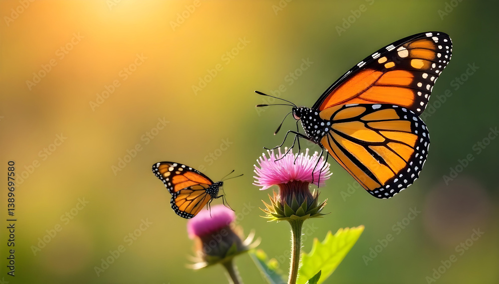 Fototapeta premium Two monarch butterflies rest on pink thistle flowers, illuminated by soft sunlight in nature.