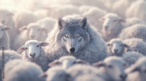 Wolf in sheep's wool, predator among flock, hidden danger concept