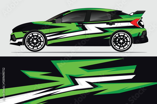 Sleek green and black racing car with dynamic graphic design parked on a minimalist background