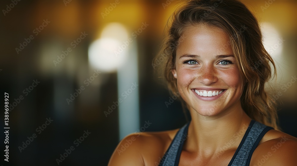 Fototapeta premium Confident woman smiling, radiating health and strength, with a blurred gym background. 