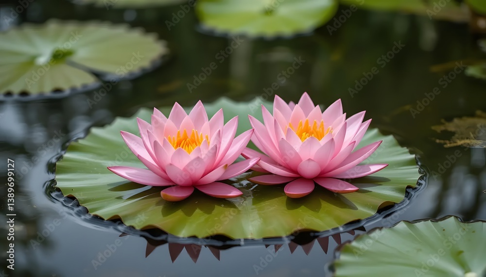 Two pink water lilies float serenely on lily pads in calm pond water soft sunlight reflecting beauty Two pink water lilies float serenely on lily pads in calm pond water soft sunlight reflecting beauty