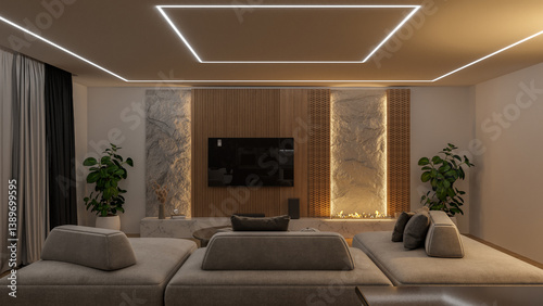 Modern living room with a minimalist design, featuring a modular gray sofa and a wall-mounted TV with textured panels and a fireplace.