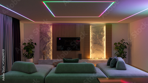 Modern living room with prominent RGB LED lighting outlining the ceiling and accentuating textured walls