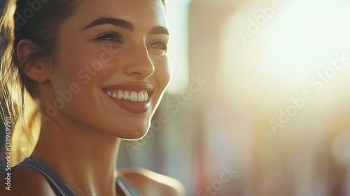 Free Download Confident woman smiling, radiating health and strength, with a blurred gym background.
 - GFXLoad