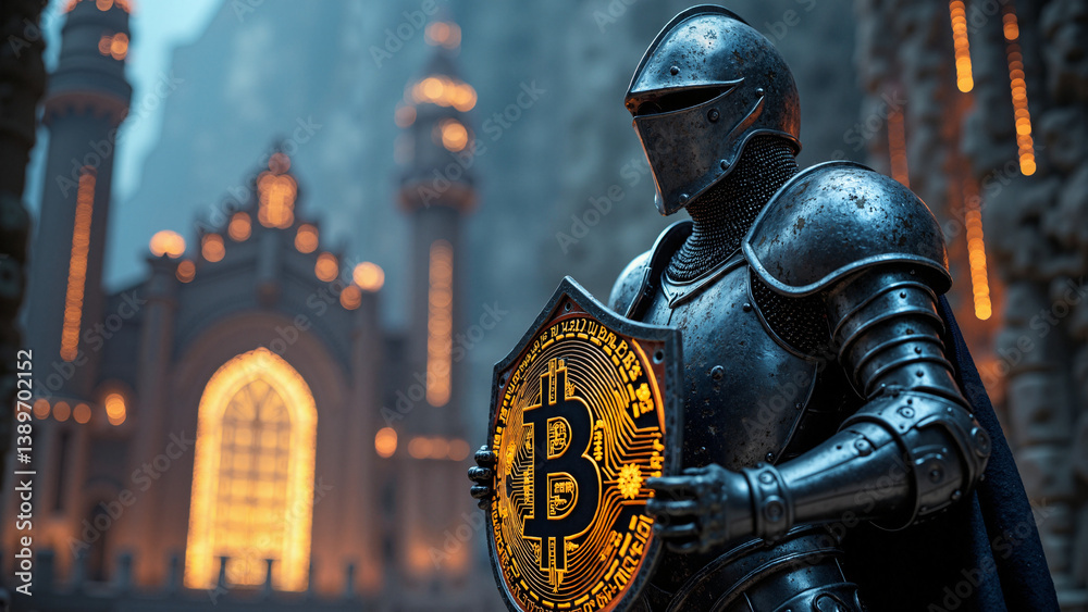 Valiant Knight in Gleaming Armor Protecting Cryptocurrency Investments in a Futuristic Digital Castle - Ideal for Marketing and Educational Use Valiant Knight in Gleaming Armor Protecting Cryptocurrency Investments in a Futuristic Digital Castle - Ideal for Marketing and Educational Use