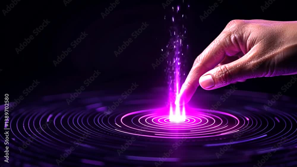 Hand activates purple energy sphere, futuristic background, tech concept Hand activates purple energy sphere, futuristic background, tech concept