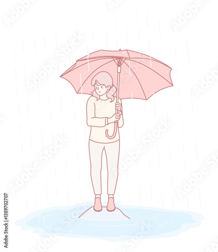 A beautifully serene and calming illustration of a person happily standing underneath a pink umbrella in the rain