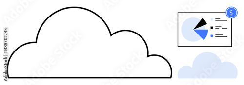 Large cloud graphic paired with a statistics dashboard displaying pie charts and dollar icon. Ideal for data analytics, cloud computing, business finance, digital economy, IT solutions, financial