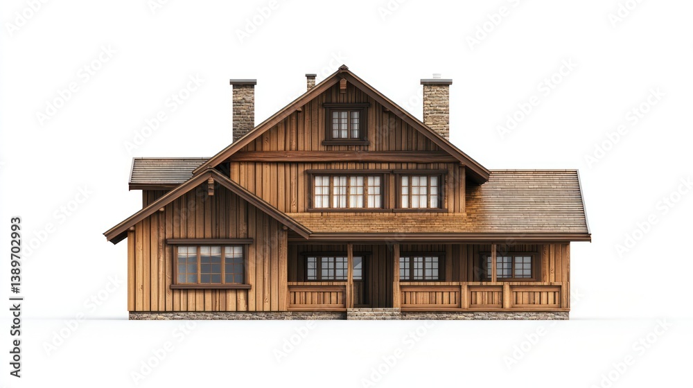 Wooden House Front View, Isolated on White Background Wooden House Front View, Isolated on White Background