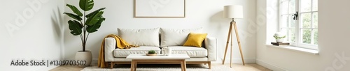 Cozy living room with white walls, sofa, coffee table, carpet, green plants in vases, lamp stand, yellow blanket, light-colored decor,  lamp stand,  coffee table