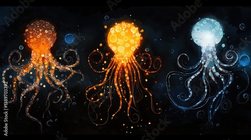 Three octopi with different colors and sizes. The colors are orange, blue, and white