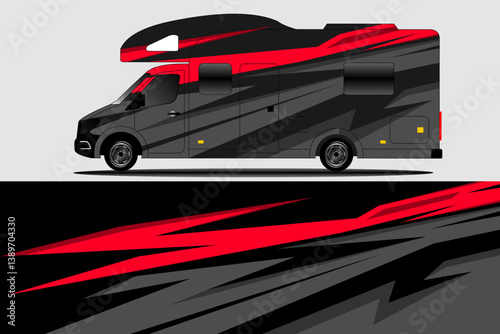 Sleek, modern camper van design with dynamic red and black graphics, ideal for travel and adventure