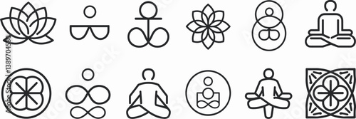 Vector icon set of meditation and mindfulness symbols in minimalist design