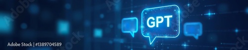 Creative GPT chat hologram with speech bubbles on blurred blue background, showcasing AI technology communication,  hologram,  blue background