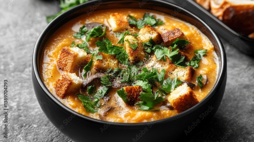 Mushroom soup parsley croutons. Generative AI Mushroom soup parsley croutons. Generative AI