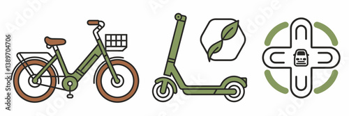 Vector icon set of electric bike, scooter, and car-sharing symbol – Great for green commuting promotions, sustainability reports, or eco transport apps