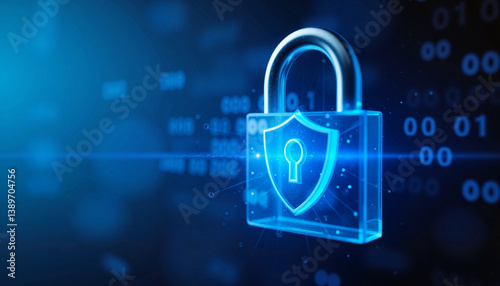 Digital lock with shield icon on blue background, secure internet concept
