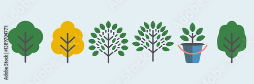 Forest protection icon set with colorful leaf and bucket symbols – Suitable for nature preservation campaigns, educational materials, or sustainability presentations