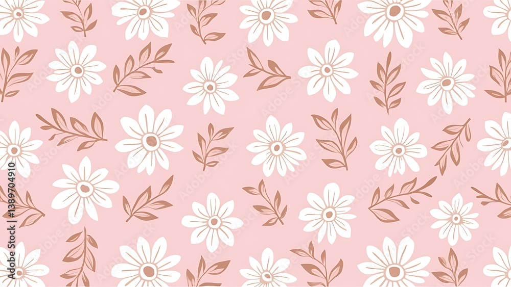Seamless Pink and White Floral Pattern with Leafs and Daisies Seamless Pink and White Floral Pattern with Leafs and Daisies