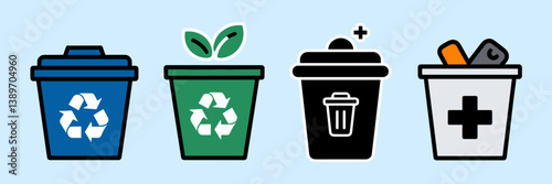 Vector icon set of recycling, biodegradable, general, and hazardous waste bins