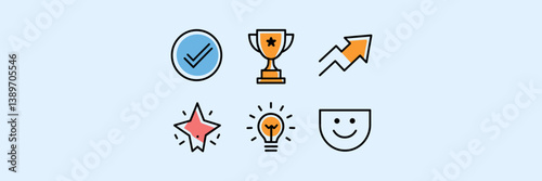 Motivation and growth icon set with rising arrow, trophy, and confident smile – Perfect for business success themes, personal development blogs, or productivity content.