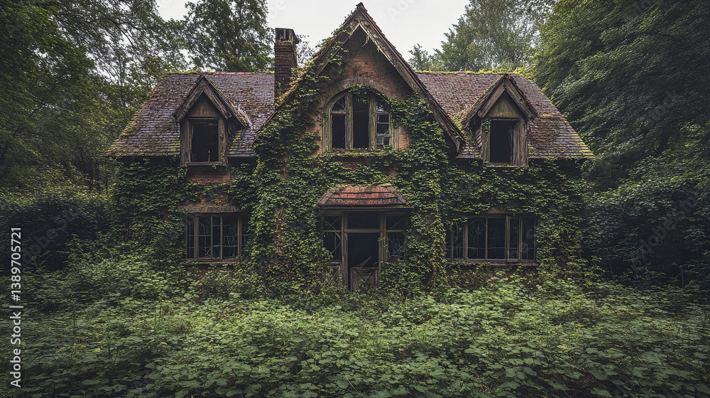 Fototapeta premium Abandoned house with ivy covered walls and cracked windows