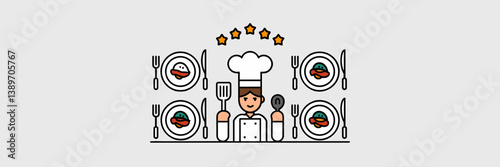 Gourmet dining icons with plated meals, chef, and stars – Suitable for food competition content, restaurant branding, or cooking tutorials.
