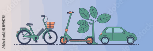 Vector illustration of electric bike, scooter, and car-sharing symbol – Ideal for sustainability campaigns, green transport promotions, or urban mobility apps