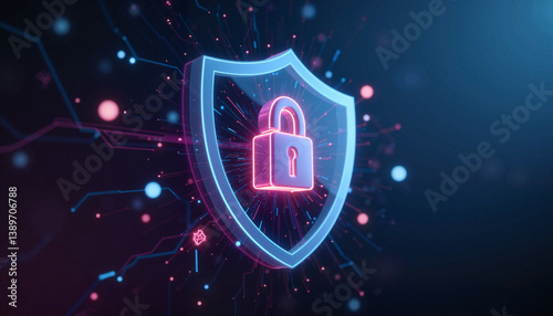 Glowing lock and shield icon in digital pattern, cybersecurity concept