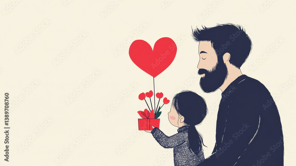 Tender moment between father and daughter with red heart and present for Father's Day marketing and emotional branding