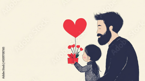 Obraz na płótnie Tender moment between father and daughter with red heart and present for Father's Day marketing and emotional branding w salonie