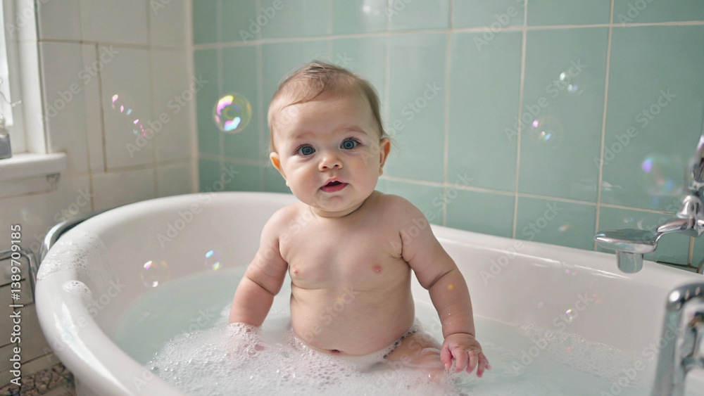 A baby playing in a bathtub surrounded by soap bubbles, great for depicting childhood innocence and fun