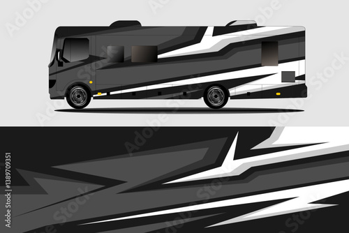 Sleek modern RV design showcasing dynamic black and white patterns, ideal for travel enthusiasts
