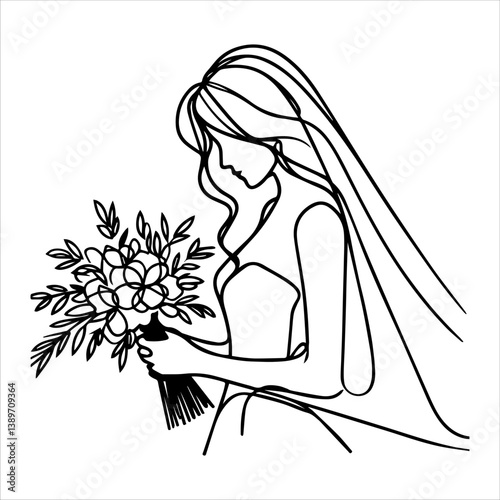 Bride holding a bouquet, continuous line drawing.