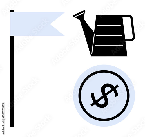 Watering can, flag, and dollar sign circle convey growth, success, financial planning, goal achievement, strategy, aspiration and progress. Ideal for motivation business investment