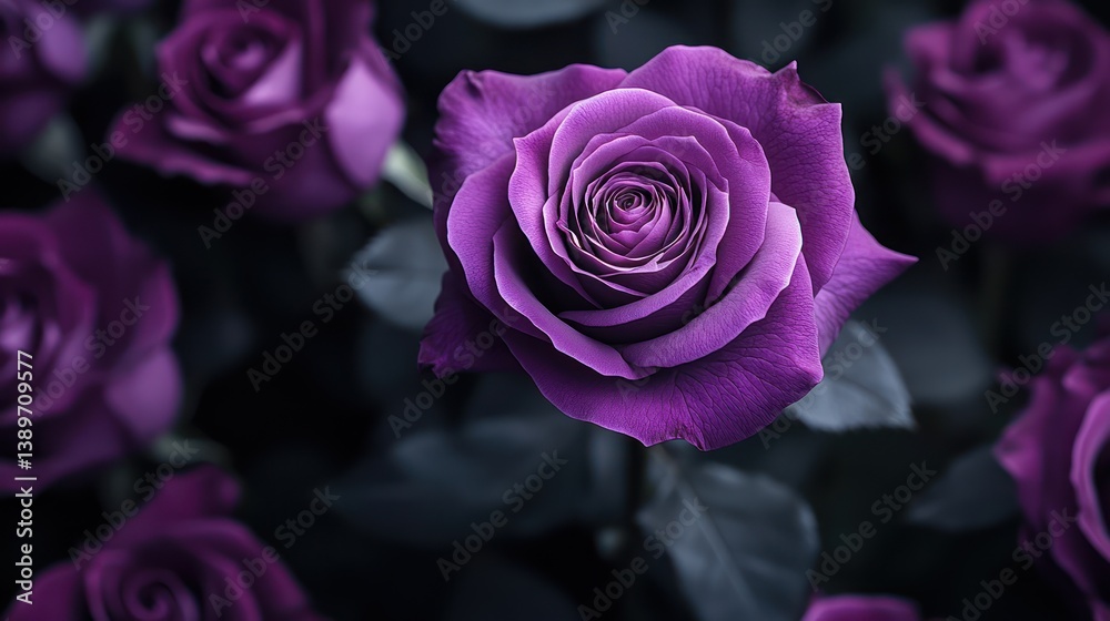 Fototapeta premium Elegant purple roses blossom with depth, captured with soft-focus artistry