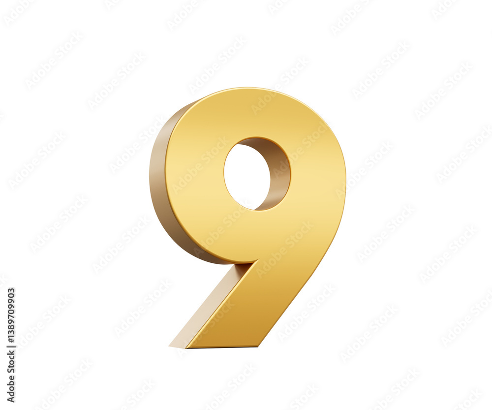 3D Golden number 9 Nine with a shiny, metallic appearance and smooth surface, 3d illustration 3D Golden number 9 Nine with a shiny, metallic appearance and smooth surface, 3d illustration