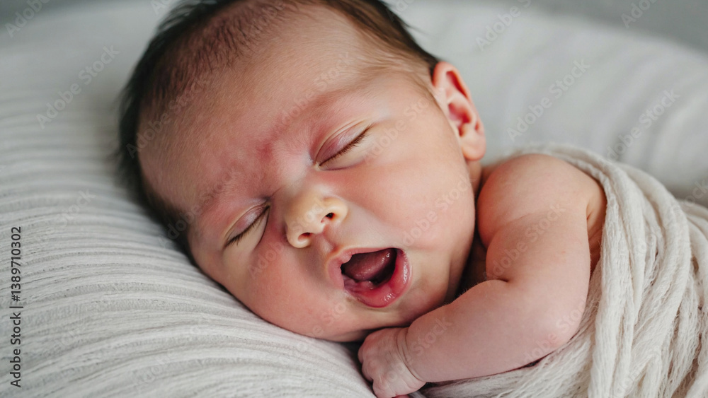 Close-up of a baby sleeping peacefully on a soft blanket, great for family, parenting and nursery themes
