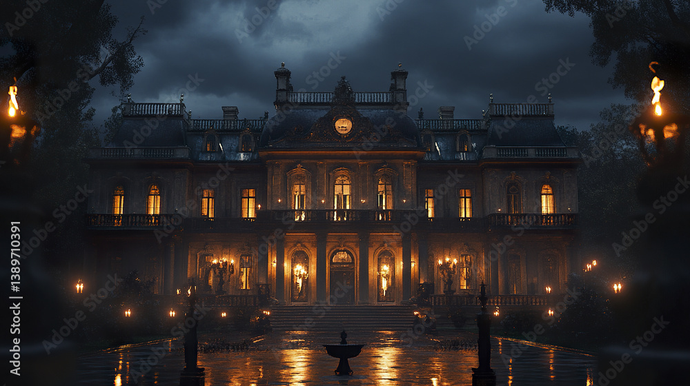 Naklejka premium Majestic baroque mansion with ornate balconies and glowing lights