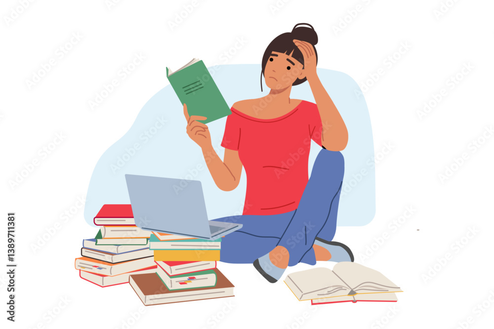 Tired female student reading books and using laptop sitting on floor, preparing for exams and feeling exhausted. Tired girl student needs rest due to overload with extracurricular work Tired female student reading books and using laptop sitting on floor, preparing for exams and feeling exhausted. Tired girl student needs rest due to overload with extracurricular work