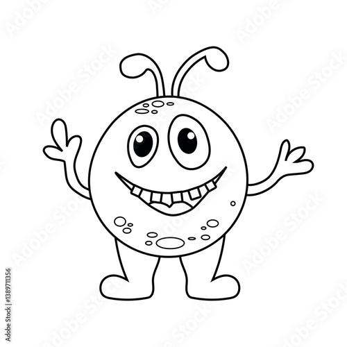 Coloring page with cute monster. Line art alien. Doodle monster on white background. Printable worksheet. Vector