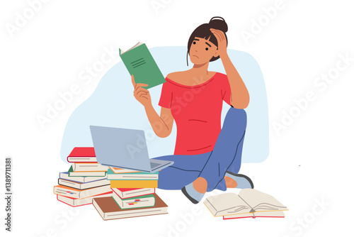 Tired female student reading books and using laptop sitting on floor, preparing for exams and feeling exhausted. Tired girl student needs rest due to overload with extracurricular work
