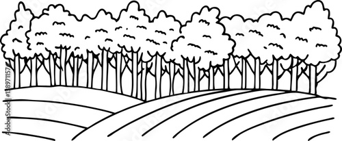 Sketch of a peaceful forest landscape with trees and rolling hills, simple line art
