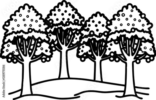 line art of five trees on a hillside simple, minimalist nature illustration in black and white
