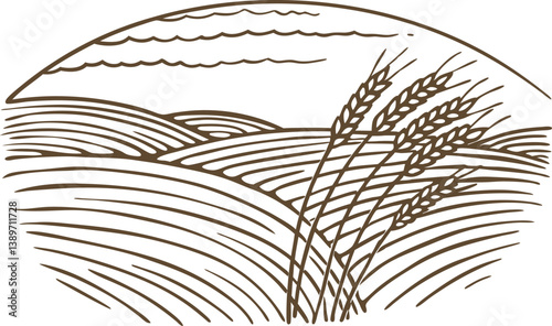 stylized wheat field illustration harvest symbol, agriculture landscape art, rural simplicity
