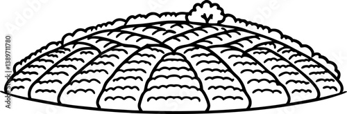 black and white illustration of a lush green agricultural field with curved rows and small tree