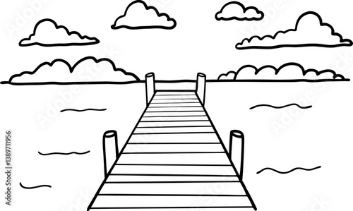Serene pier view, clouds and ocean horizon calm seaside scene, tranquility and nature