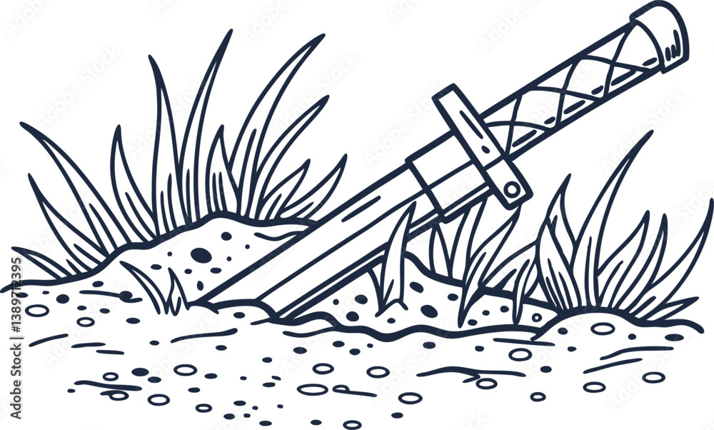 buried sword in the ground surrounded by grass and dirt adventure and mystery concept illustration