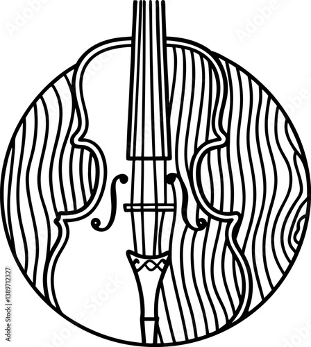 Abstract line art of a violin on textured circle background